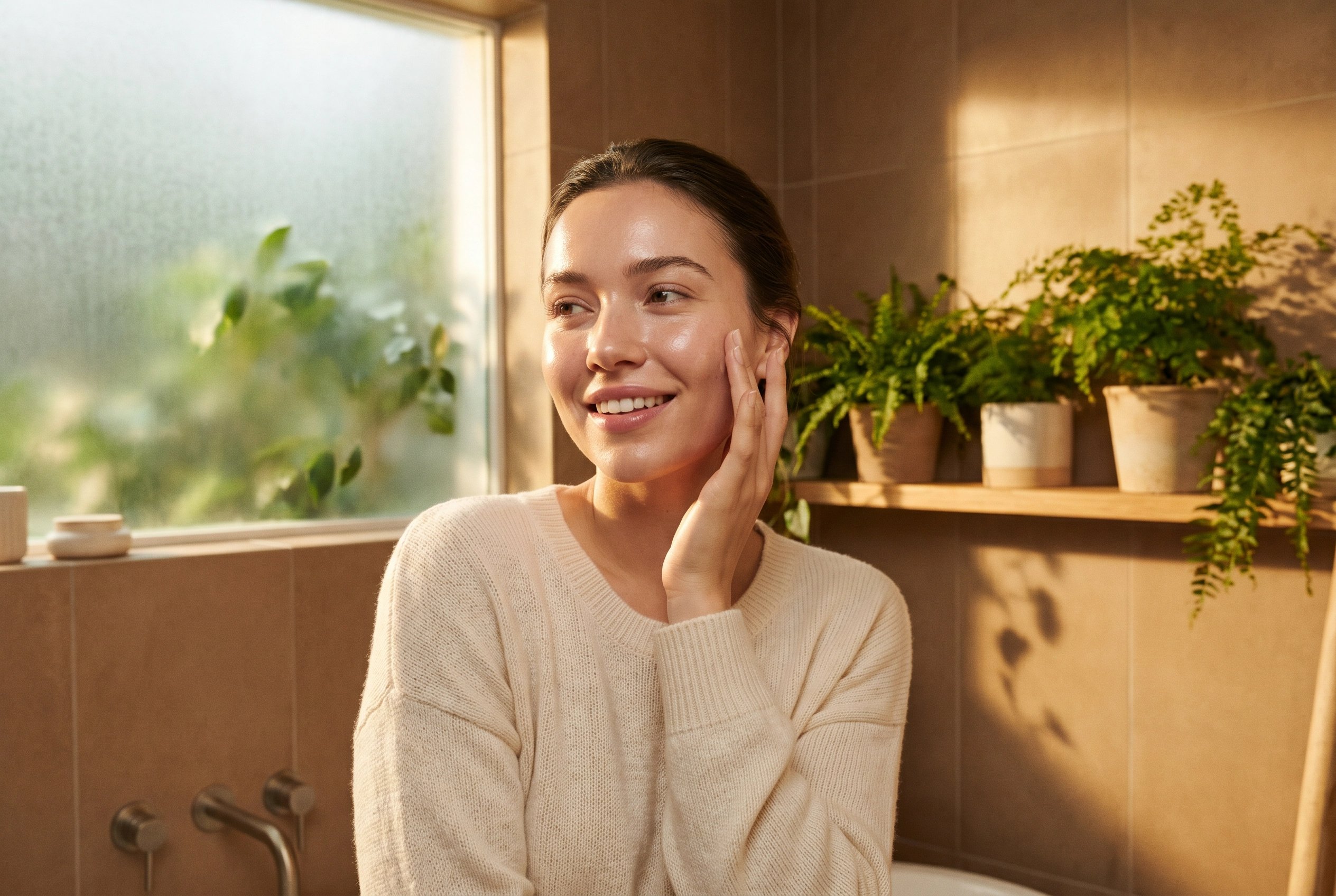 Woman with glowing skin in morning light